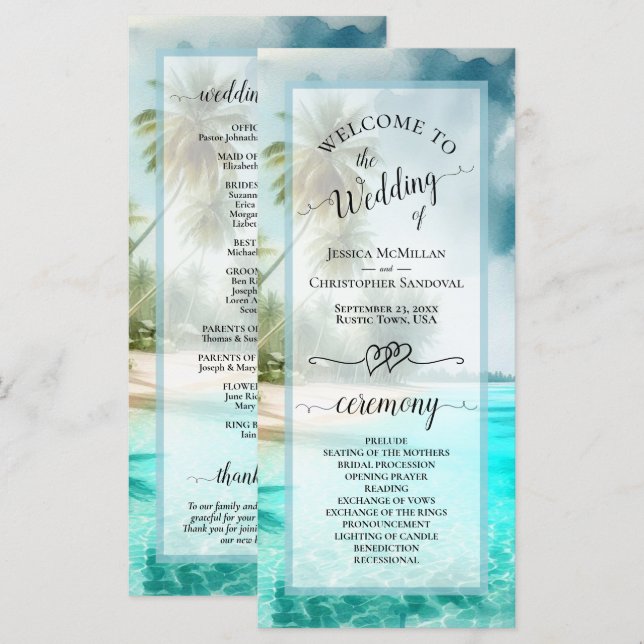 Programa Tropical Beach Coastal Palm Trees Elegant Wedding (Frente/Verso)