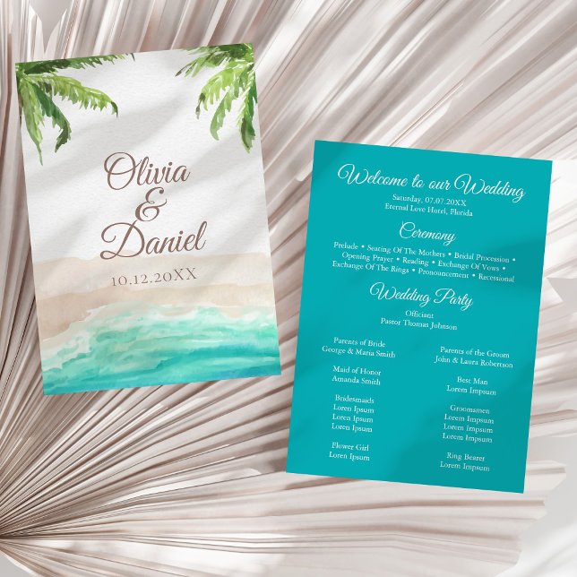 Programa Tropical de Casamento de Palmeiras (Tropical Beach and Palm Trees Wedding Program on a sunny white dry palm leaf.)