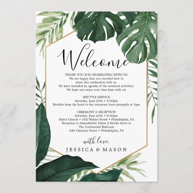 Programa Tropical Monstera Weding Bem-vindo Letra Itinerári (Frente)