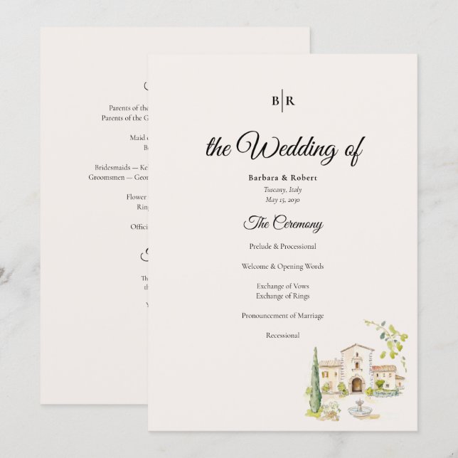 Programa Tuscan Villa Wedding Program Elegant Italy (Frente/Verso)