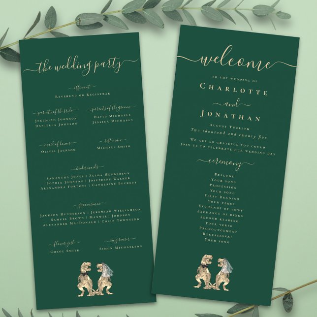 Programa Verde da Cerimônia de Casamento do Tema D (Dinosaur wedding menu card Funny T-Rex bride and groom elegant modern script dark green )