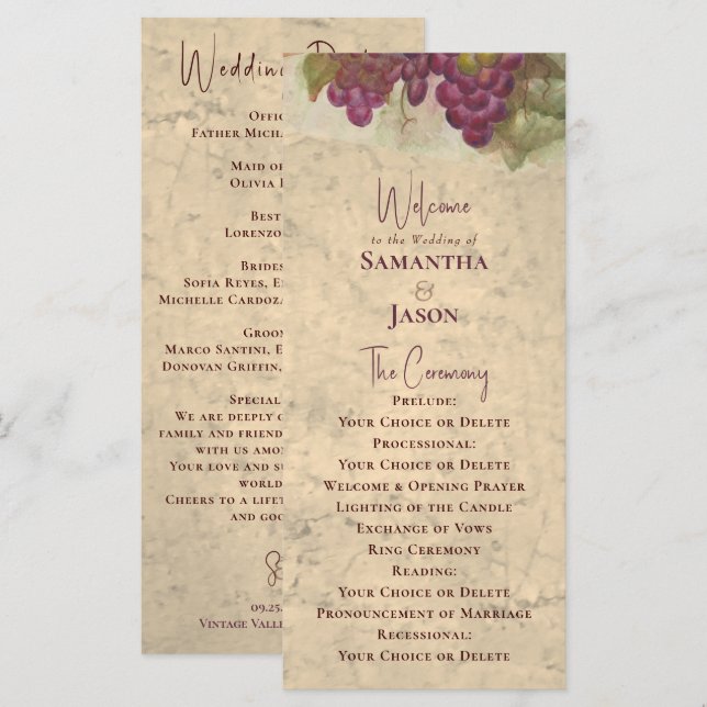 Programa Vineyard Wedding Elegant Rustic Watercolor Program (Frente/Verso)