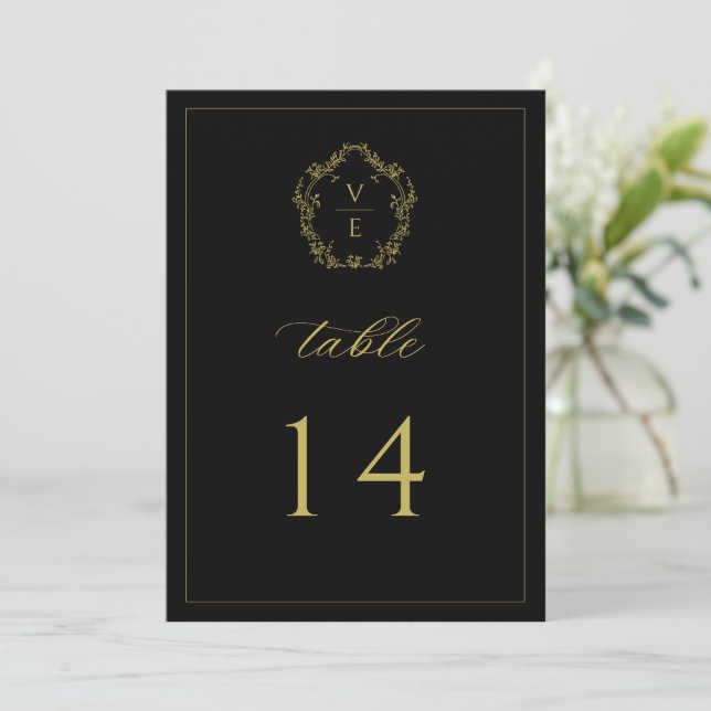 Programa Vintage Dourado Crest Black Wedation Table Number (Em pé/Frente)