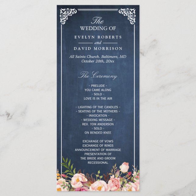 Programa Vintage Floral Blue Chalkboard Weding Program (Frente)