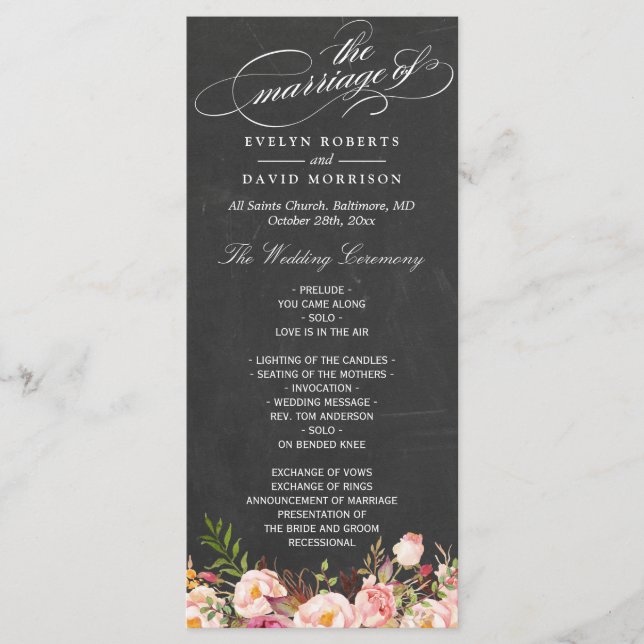 Programa Vintage Floral Chalkboard Script Weding Program (Frente)