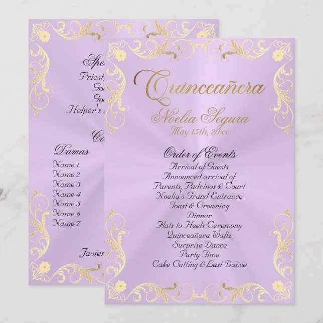 Programa Vintage Frame Quinceanera Program - Lavender/Gold (Frente/Verso)