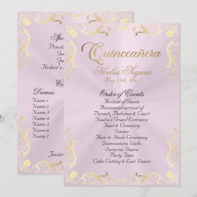 Programa Vintage Frame Quinceanera Program - Pink/Gold (Frente/Verso)