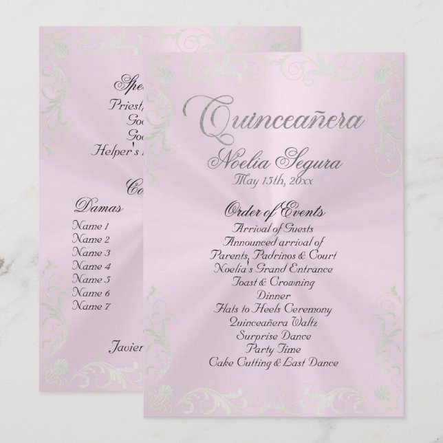 Programa Vintage Frame Quinceanera Program - Pink/Silver (Frente/Verso)