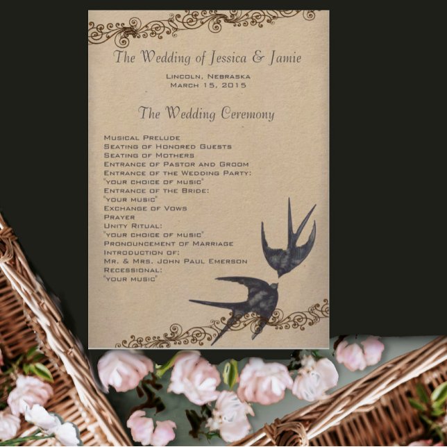 Programa Vintage Love Bird Marinho Weding Program (Criador carregado)