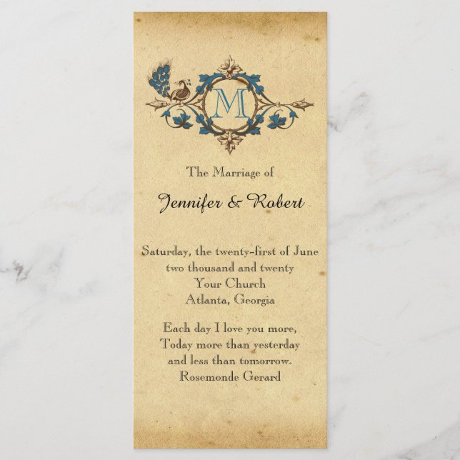 Programa Vintage Peacock Monograma Weding Program (Frente)