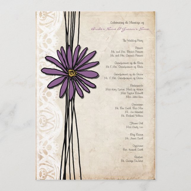 Programa Vintage Purple Daisy Wedding Program (Frente)
