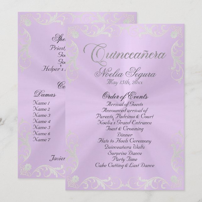 Programa Vintage Quinceanera Program - Lavender/Silver (Frente/Verso)