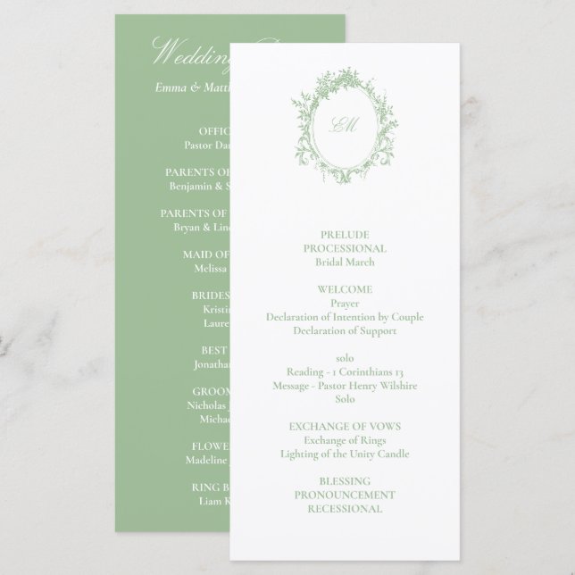 Programa Vitoriano Toile Verde Salvia Francês Casamento (Frente/Verso)