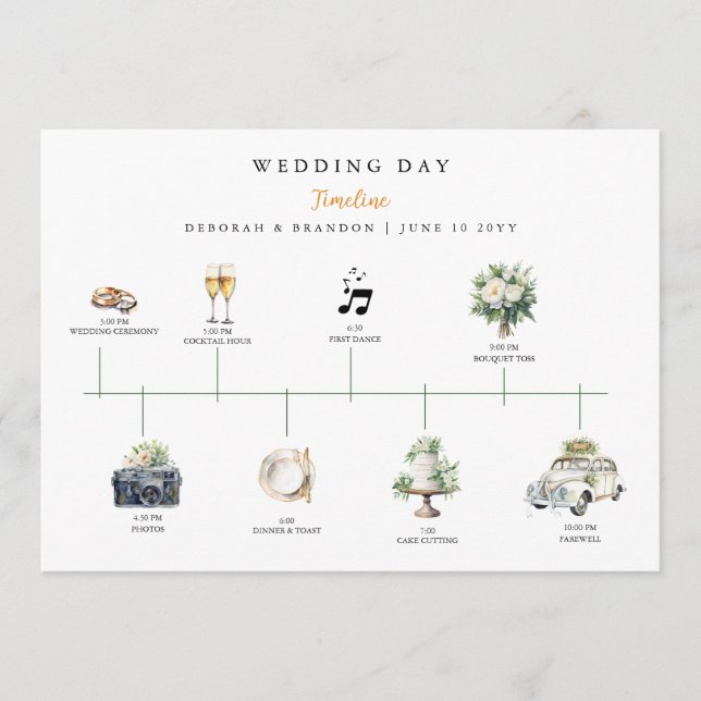 Programa Watercolor Illustrated Wedding day Timeline  (Frente)