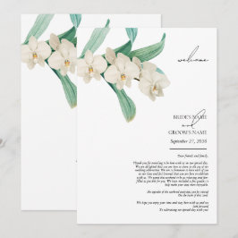 Programa Watercolor White Orchids Floral Wedding Itinerary
