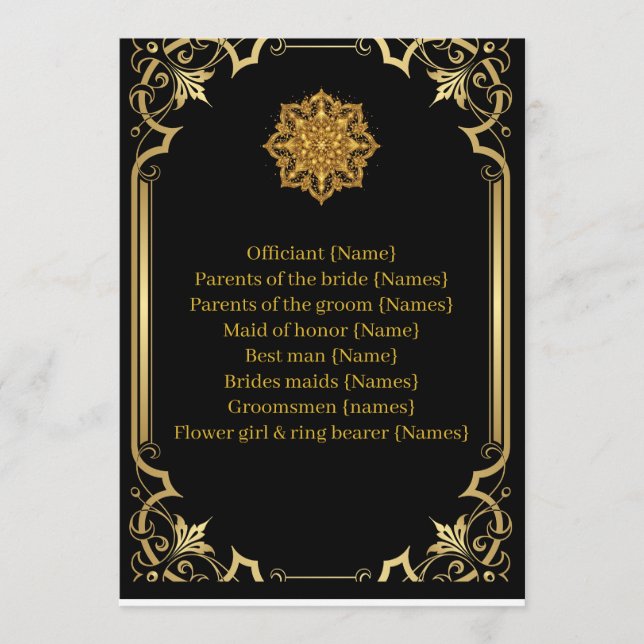 Programa Wedding Program Mandala Luxury Black and Gold  (Frente)