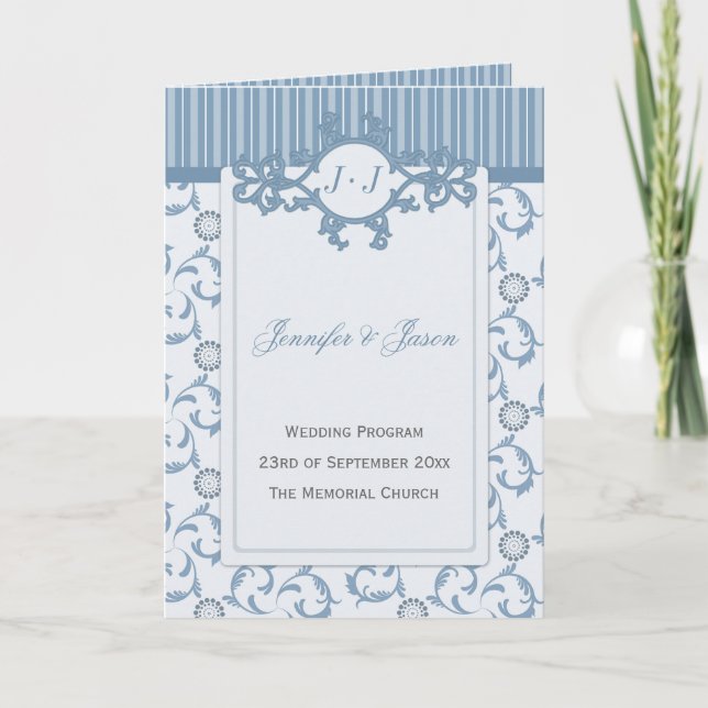 Programa Wedding Program, Pale Blue Stripes & Damask (Frente)