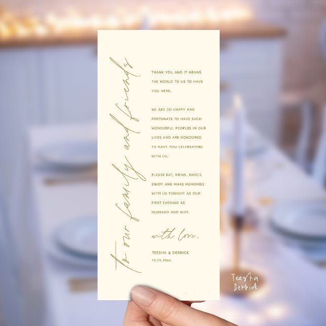 Programa Wedding Reception Dinner Modern Thank You Card (Welcome and thanks, Modern Wedding Reception Dinner Thank You card, family friends in yellow gold)
