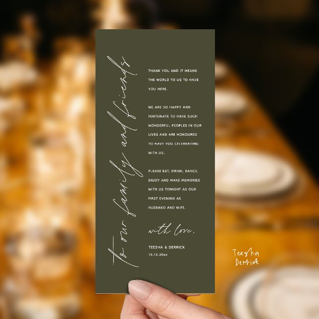 Programa Wedding Reception Dinner Modern Thank You Card (Welcome and thanks, Modern Wedding Reception Dinner Thank You card, family friends in olive green)