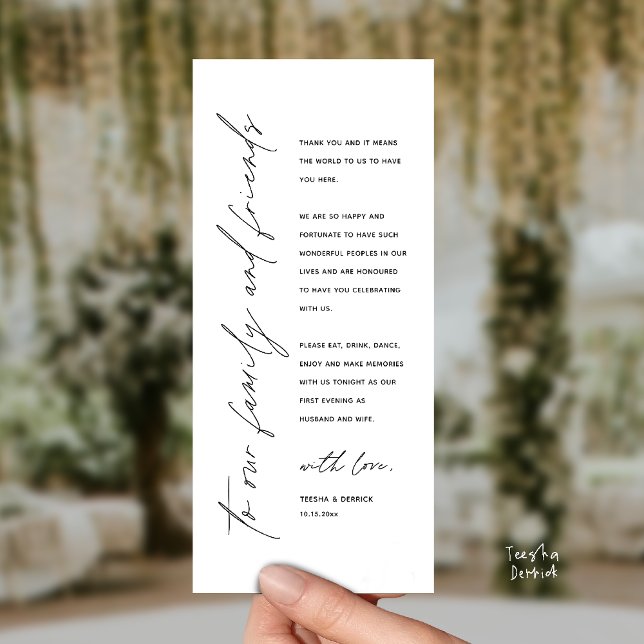 Programa Wedding Reception Dinner Modern Thank You Card (Welcome and thanks, Modern Wedding Reception Dinner Thank You card, family friends in Black White)