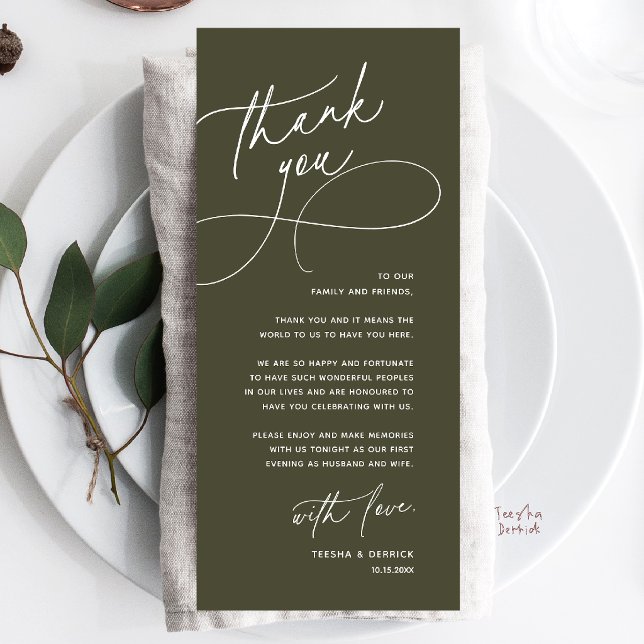Programa Wedding Table Thank You Elegant Reception Card (Wedding Table Thank You Elegant Reception Dinner Card in olive green)