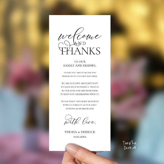 Programa "Welcome and Thanks" Classy Reception Guest Card ("Welcome and Thanks" Classy Wedding Romantic Reception Guest Card in black and white)