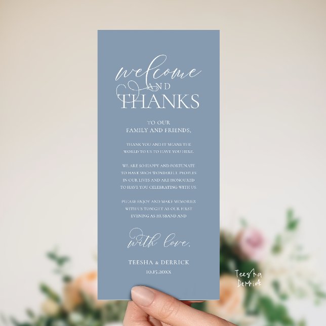 Programa "Welcome and Thanks" Classy Reception Guest Card ("Welcome and Thanks" Classy Wedding Romantic Reception Guest Card in dusty blue)