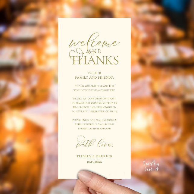 Programa "Welcome and Thanks" Classy Reception Guest Card ("Welcome and Thanks" Classy Wedding Romantic Reception Guest Card in yellow gold)