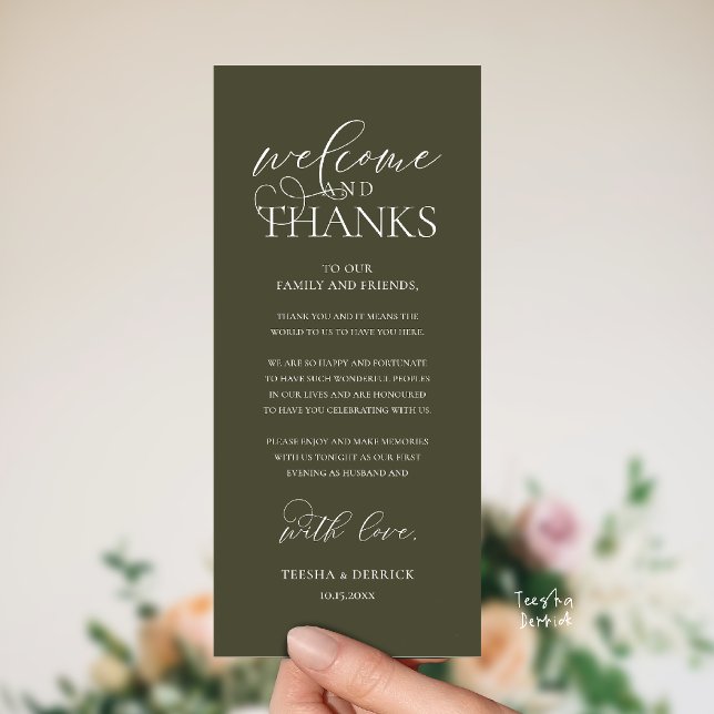 Programa "Welcome and Thanks" Classy Reception Guest Card ("Welcome and Thanks" Classy Wedding Romantic Reception Guest Card in olive green)