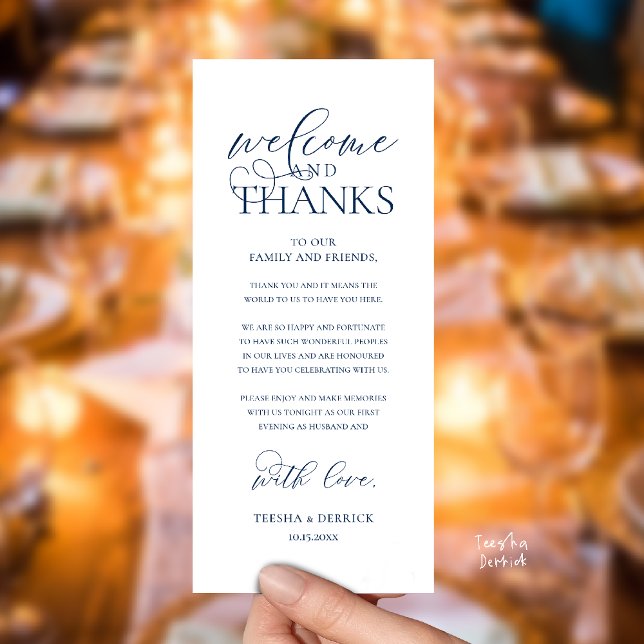 Programa "Welcome and Thanks" Classy Reception Guest Card ("Welcome and Thanks" Classy Wedding Romantic Reception Guest Card in navy blue)