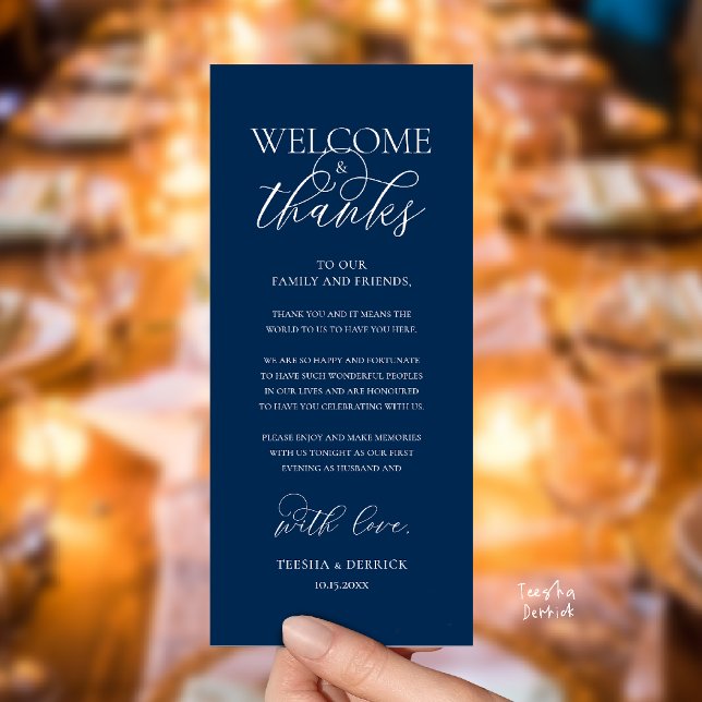 Programa "Welcome and Thanks" Elegant Reception Guest Card ("Welcome and Thanks" Elegant Wedding Reception Guest Thank you Card in Navy Blue)