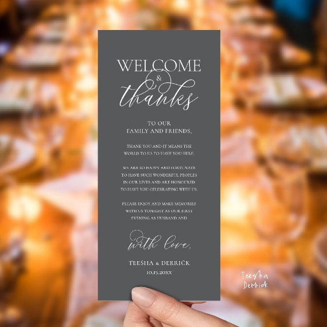 Programa "Welcome and Thanks" Elegant Reception Guest Card ("Welcome and Thanks" Elegant Wedding Reception Guest Thank you Card in Dark Grey)