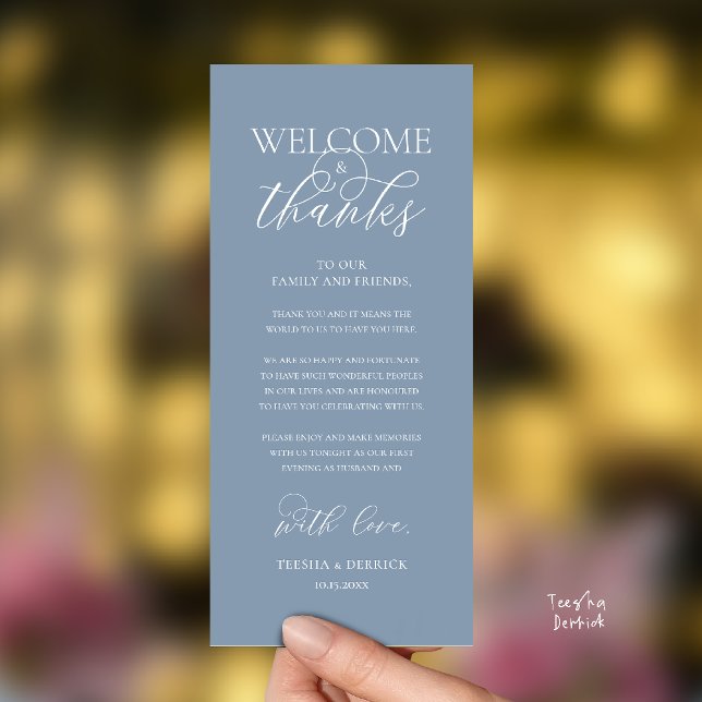 Programa "Welcome and Thanks" Elegant Reception Guest Card ("Welcome and Thanks" Elegant Wedding Reception Guest Thank you Card in Dusty Blue)