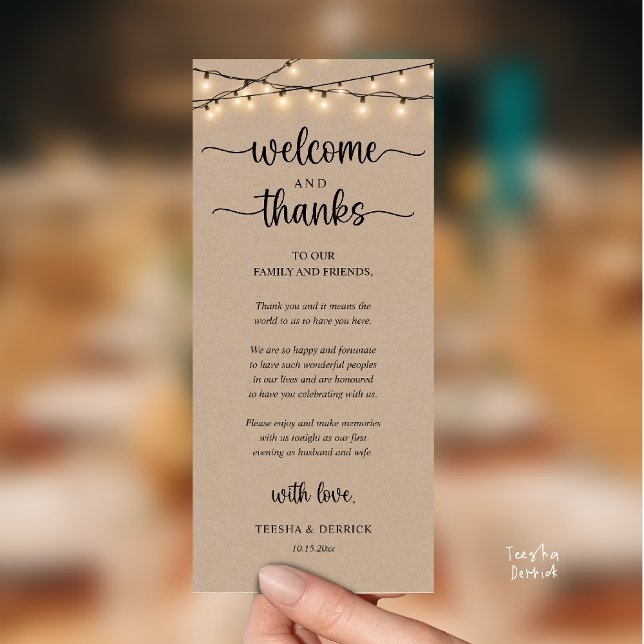 Programa "Welcome and Thanks" Rustic Reception Guest Card ("Welcome and Thanks" Rustic Reception Guest Card in String Lights Brown Kraft)