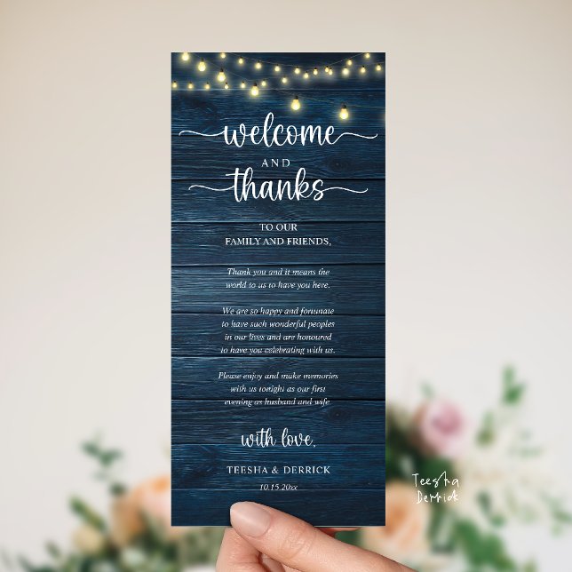 Programa "Welcome and Thanks" Rustic Reception Guest Card ("Welcome and Thanks" Rustic Reception dinner Guest thank you Card in string lights navy blue wood)