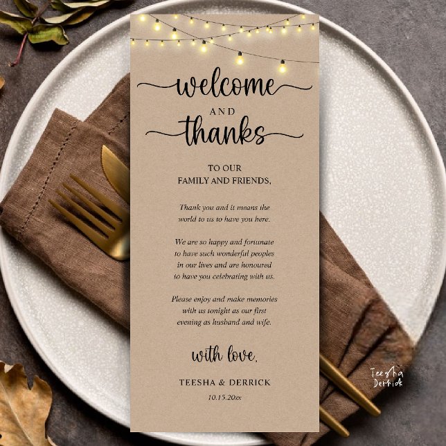 Programa "Welcome and Thanks" Rustic Reception Guest Card ("Welcome and Thanks" Rustic Reception dinner Guest thank you Card in string lights brown kraft)