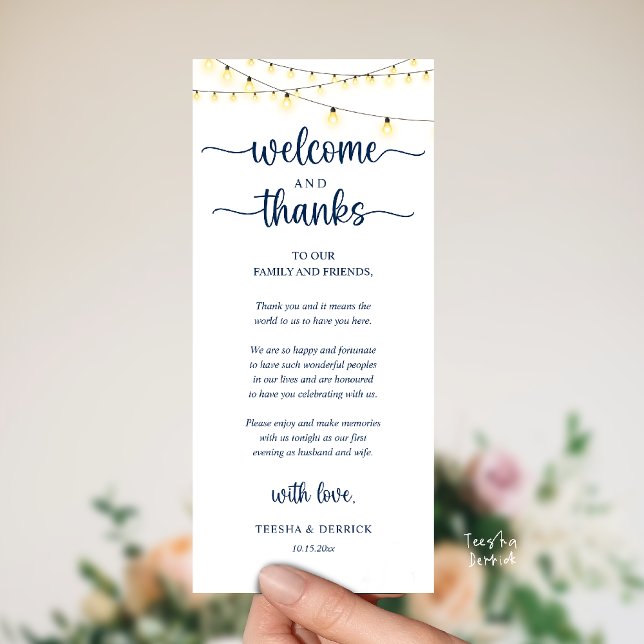 Programa "Welcome and Thanks" Rustic Reception Guest Card ("Welcome and Thanks" Rustic Reception dinner Guest thank you Card in string lights navy blue)