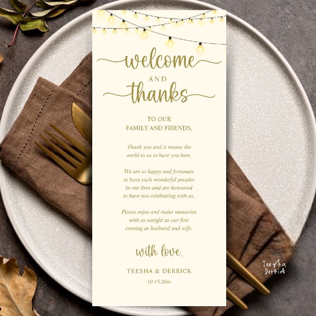 Programa "Welcome and Thanks" Rustic Reception Guest Card ("Welcome and Thanks" Rustic Reception dinner Guest thank you Card in string lights yellow gold)