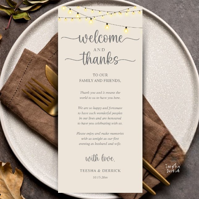 Programa "Welcome and Thanks" Rustic Reception Guest Card ("Welcome and Thanks" Rustic Reception dinner Guest thank you Card in string lights cream grey)