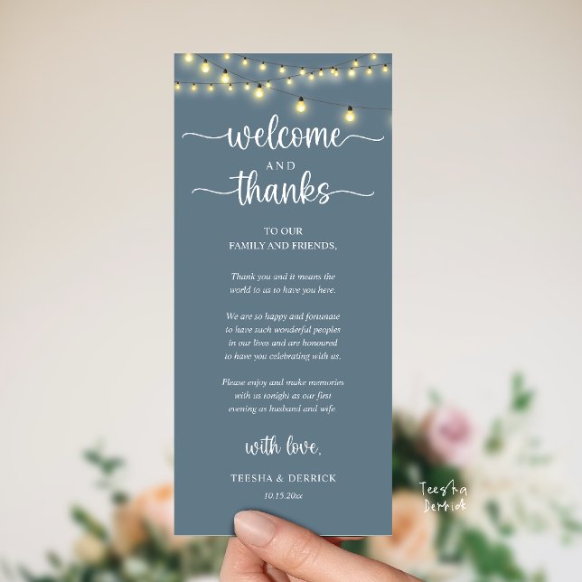 Programa "Welcome and Thanks" Rustic Reception Guest Card ("Welcome and Thanks" Rustic Reception dinner Guest thank you Card in string lights dusty blue)