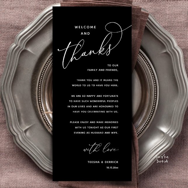 Programa Welcome and Thanks, Wedding Dinner Thank You Card (Welcome and Thanks, Happily Ever After Modern Wedding Dinner Thank You Card in Classy Black White)