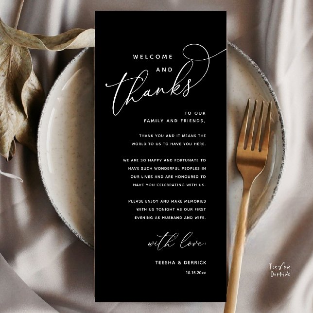 Programa Welcome and Thanks, Wedding Dinner Thank You Card (Welcome n Thanks Wedding Reception Dinner Brunch Lunch Thank You Card in Black White)