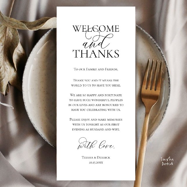 Programa Welcome and Thanks Wedding Dinner Thank You Card (Welcome and Thanks Wedding Reception Dinner Thank You Card in Black and White)