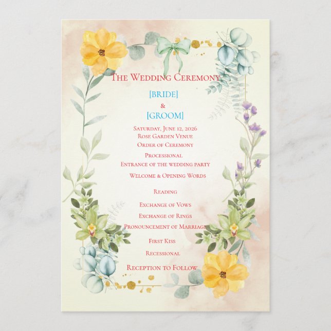 Programa Yellow and Pink Floral Wedding Program (Frente)