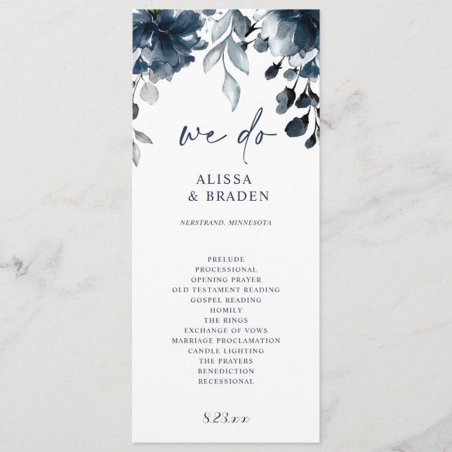 Programas de Casamento Azul Marinho com Flora e Ve (Frente)