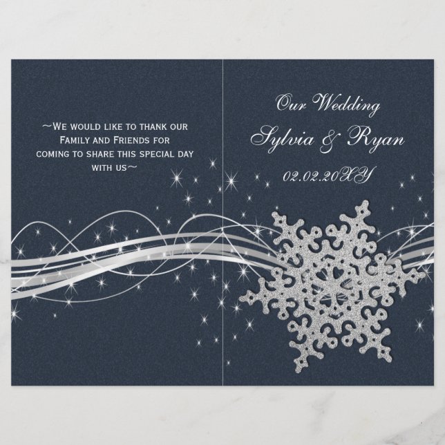 Programas de casamento Blue Silver Snowflakes dobr (Frente)