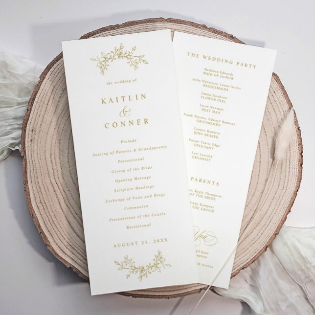 Programas de Casamento Clássicos Vintage Elegantes (Elegant gold wedding programs with a botanical hand drawn gold design.)