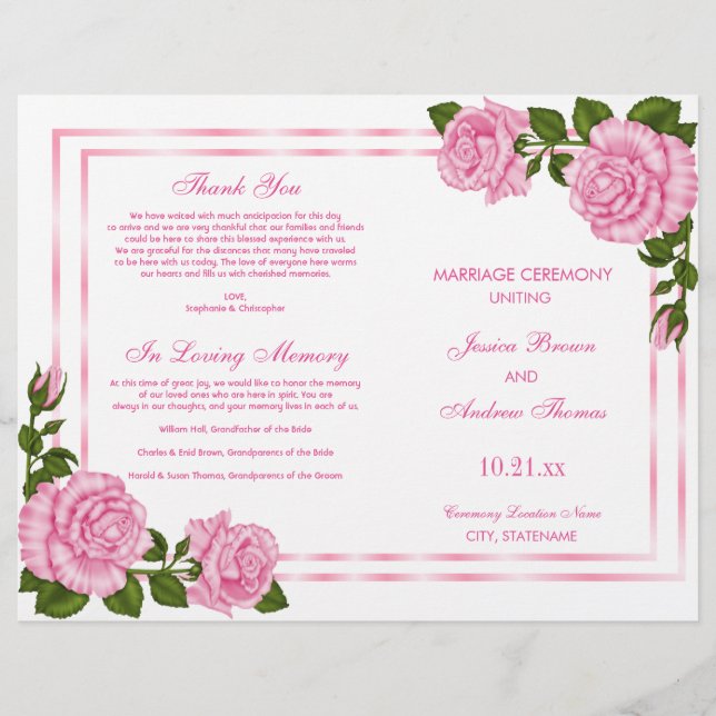 Programas de Casamento com Buquês de Canto Rosados (Frente)
