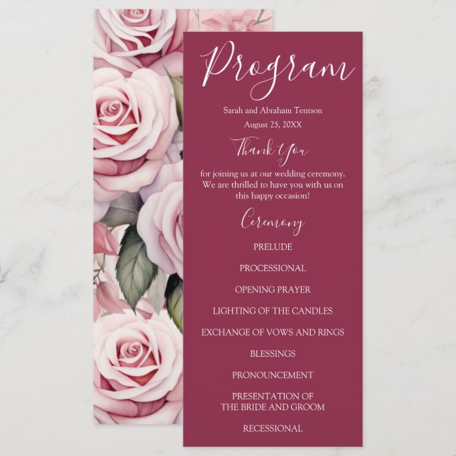 Programas de Casamento com Rosas Rosa Malva e Rosa (Frente/Verso)