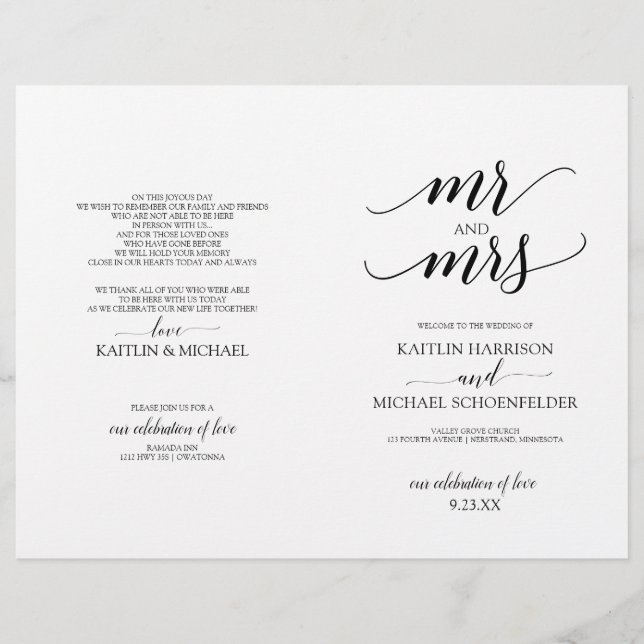 Programas de Casamento com Tipografia Elegante em  (Frente)